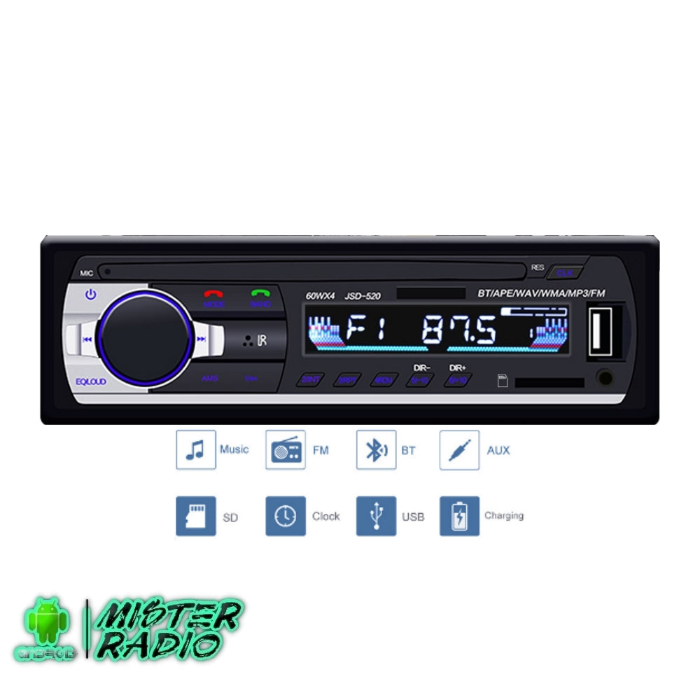 Rádio player Bluetooth 1 DIN, MP3, áudio FM, música estéreo, USB/SD